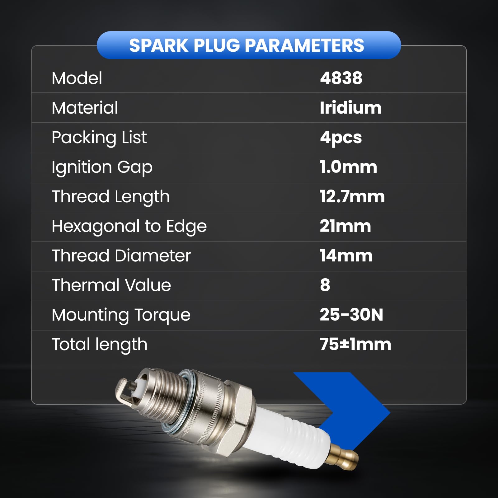 SYKRSS 4838 Iridium Spark Plugs 4 Pack - Compatible with Mercury Mariner 40hp 45hp 50hp 60hp 125hp etc. Boat Engine - Replaces BP8H-N-10 Spark Plug - Image 7