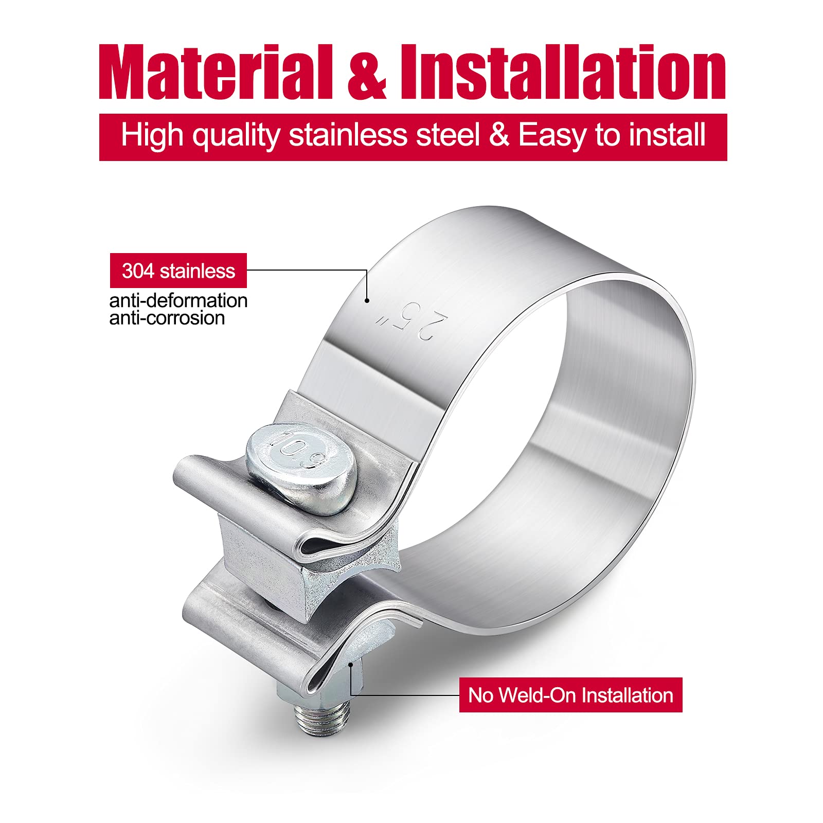 SYKRSS Stainless Steel Exhaust Clamps - 2.5" Narrow Band, Universal Fit, 2 Pcs/Pkg, Silver - Image 5