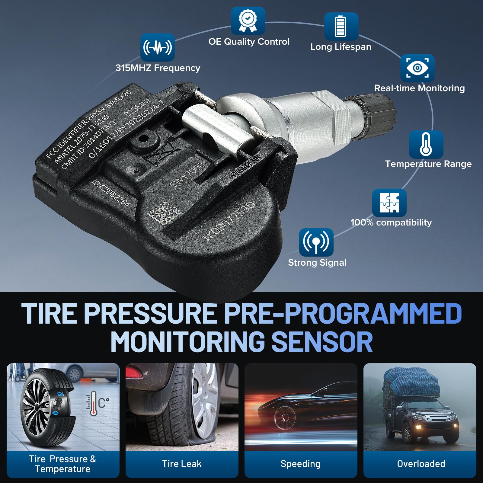 SYKRSS TPMS Sensor 1K0907253D for GM 315Mhz Tire Pressure Monitoring Sensor Compatible with Audi A3-S3 (8P) Q5 TT, Compatible with Volkswagen Beetle CC EOS, Tire Sensor Replace# 1K0907253E (4 Pack) - Image 3