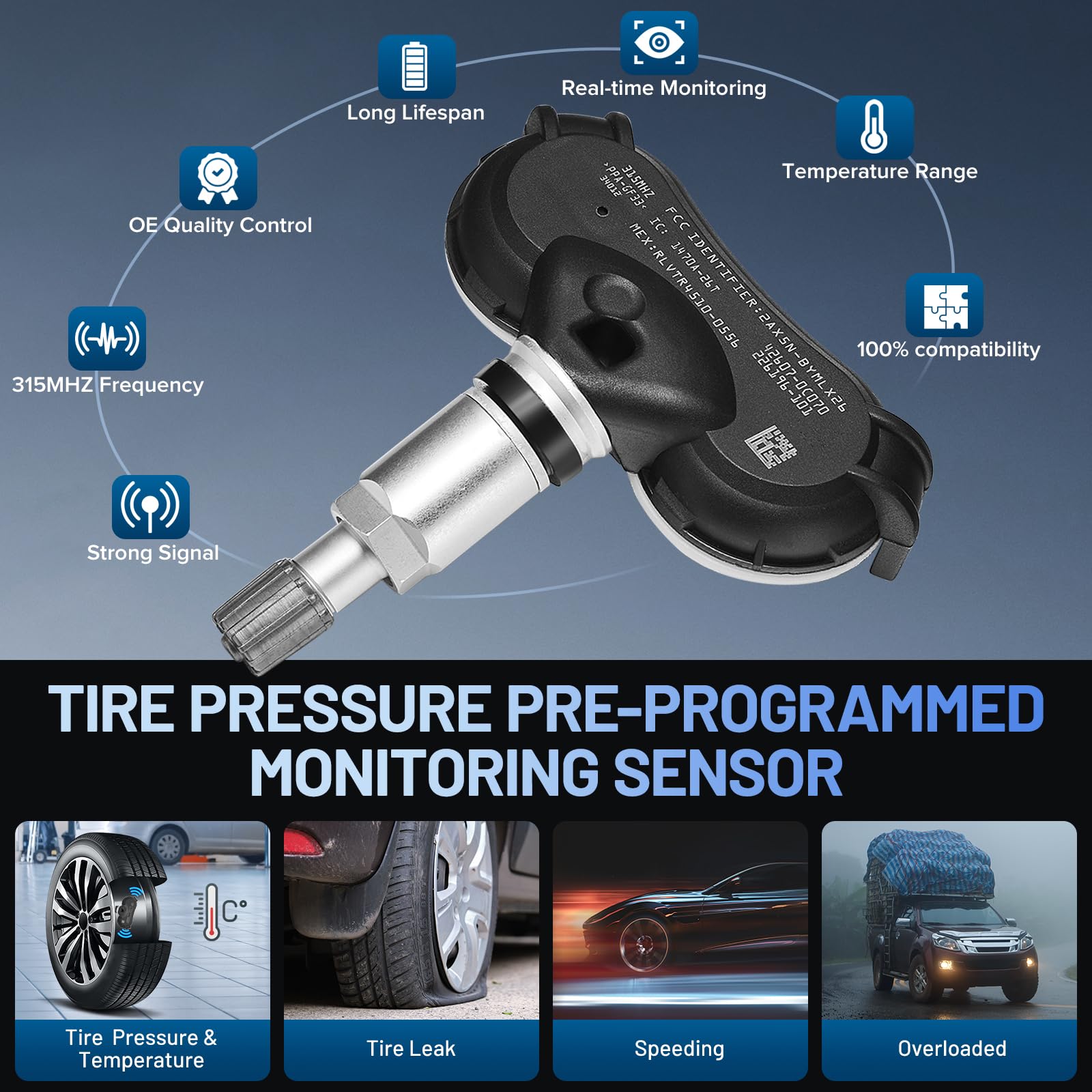 SYKRSS TPMS Sensor 42607-0C070 for GM 315Mhz Tire Pressure Monitoring Sensor Compatible with Toyota Sequoia Sienna Tundra 2007-2020, Tire Sensor Replacement for 42607-0C050, 42607-08010 (4 Pack) - Image 3