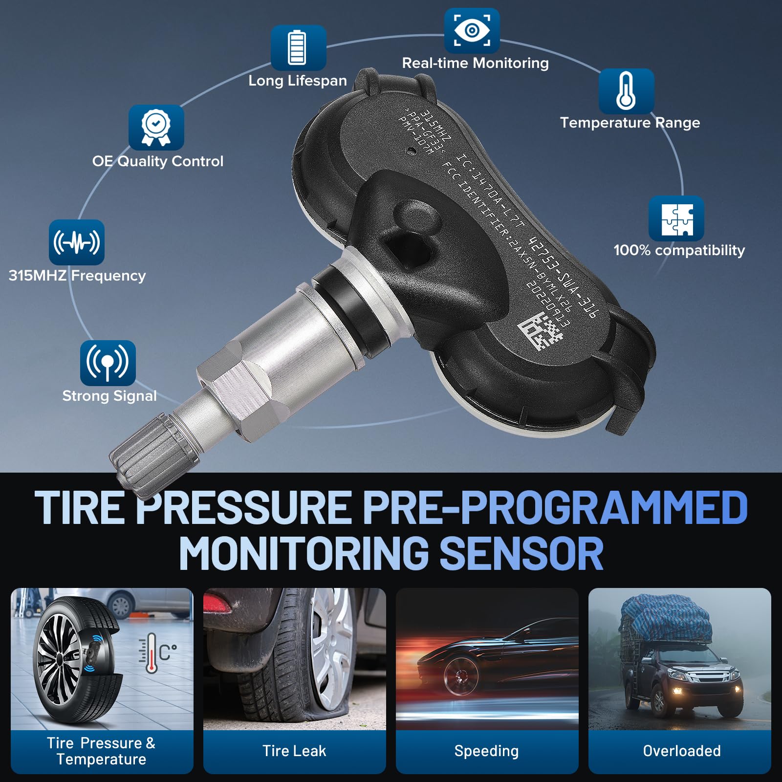 SYKRSS TPMS Sensor 42753-SWA-316 for GM 315Mhz Tire Pressure Monitoring Sensor Compatible with Honda Accord Crosstour CR-V Fit 2007-2015 Tire Sensor Replaces 42753-SWA-315 (4 Pack) - Image 3