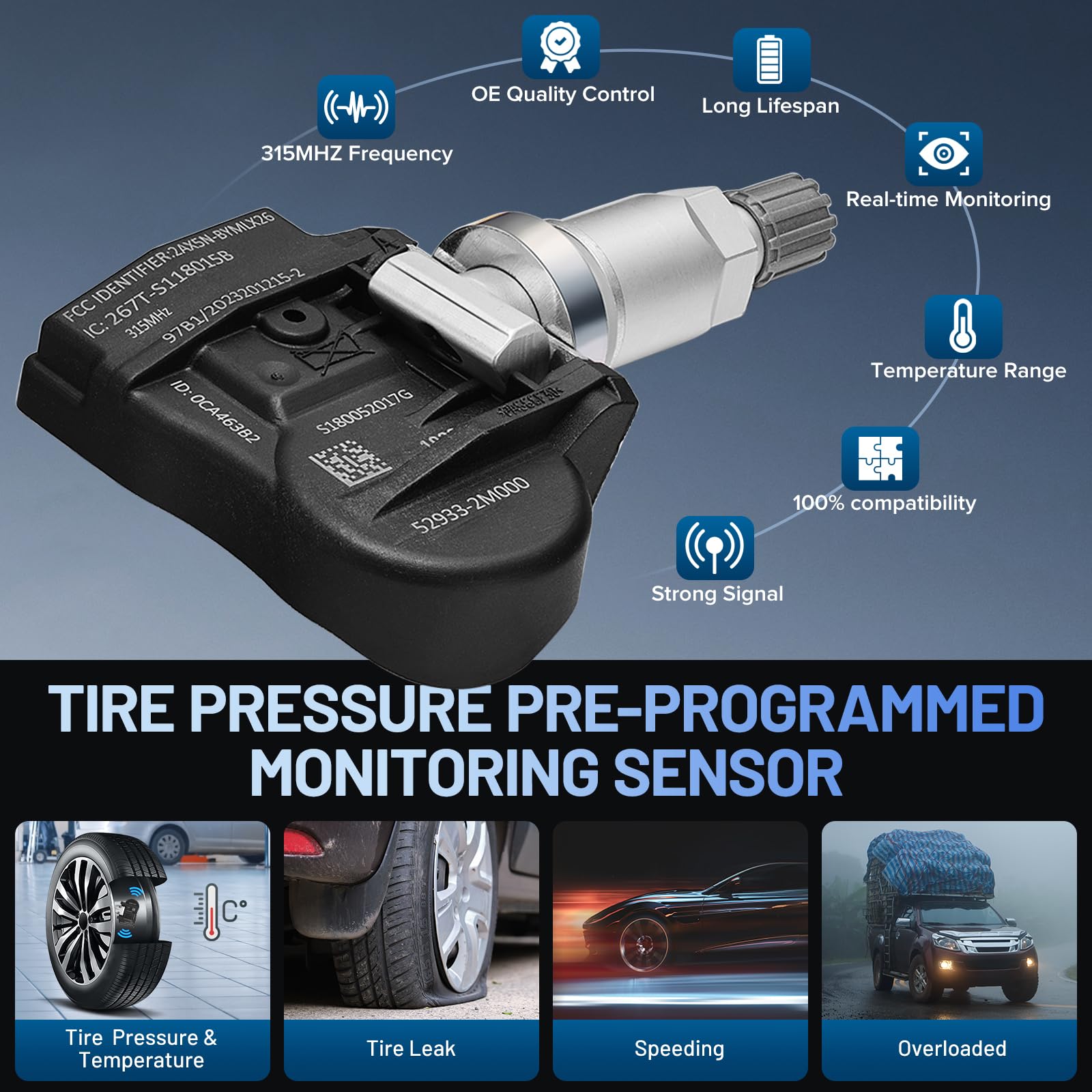 SYKRSS TPMS Sensor 52933-1M000 for GM 315Mhz Tire Pressure Monitoring Sensor Compatible with Hyundai Accent Sonata, Compatible with Kia Forte Soul, 2011-2015, Replaces for 52933-2M000 (4 Pcs) - Image 3